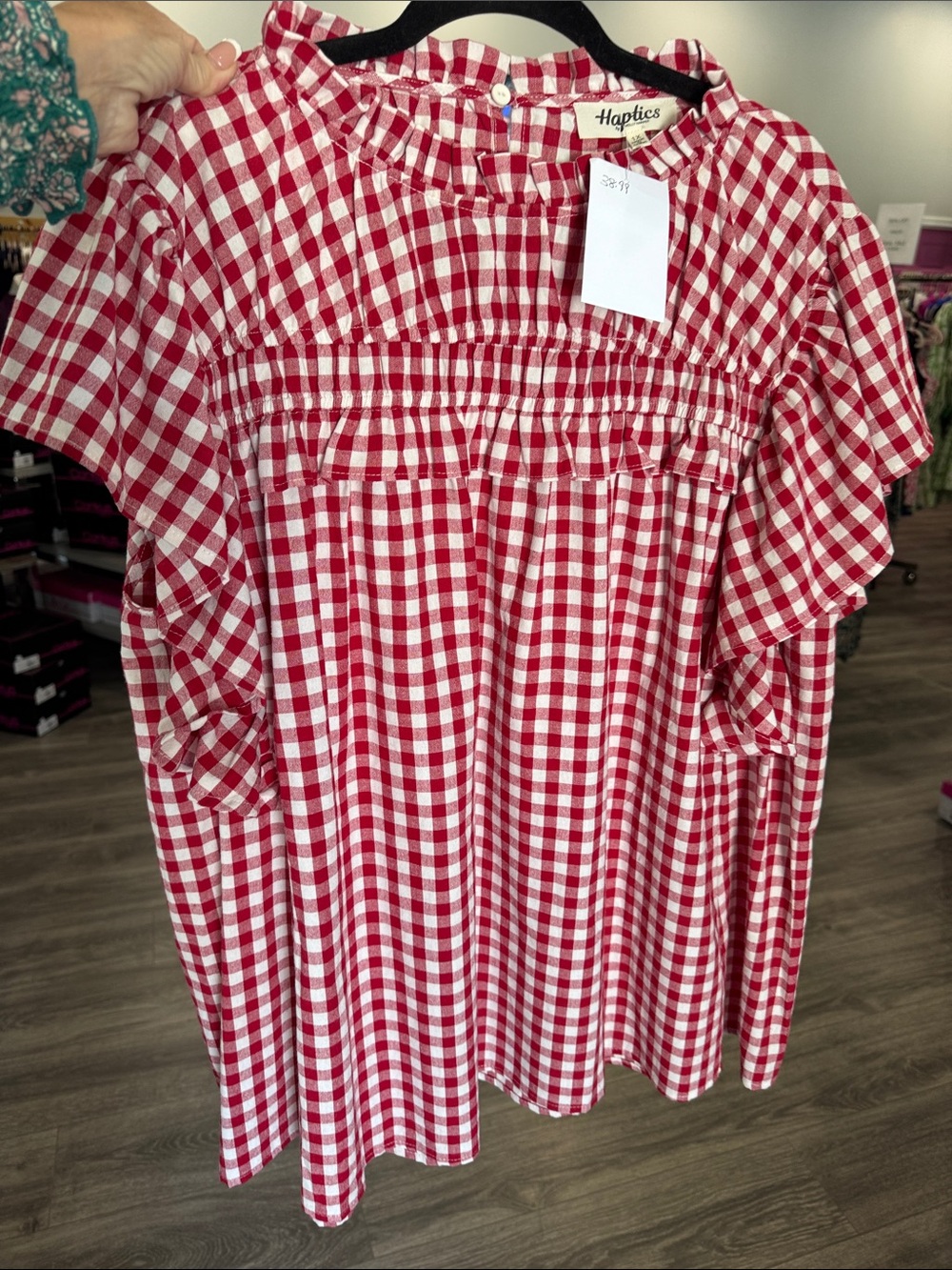 Haptics Red Gingham Ruffle-Sleeve Blouse